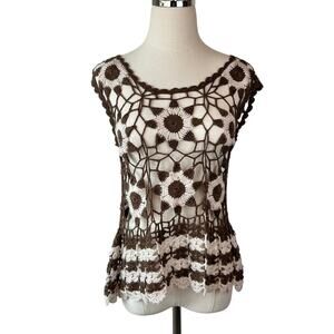 Vintage Y2K Open Knit Floral Crochet Tank Top size Small Boho Brown White Knit